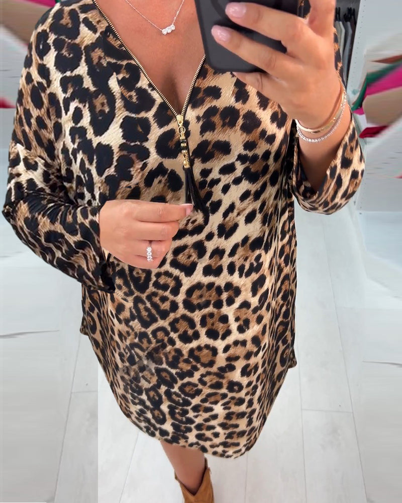 Luipaardprint Jurk met lange mouwen in de kleur Luipaard voor dames in stijl ideaal voor de herfst.