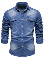 Martin | Elastisch katoenen denim overhemd in de kleur Blauw voor heren in Heritage stijl geschikt voor alle seizoenen.