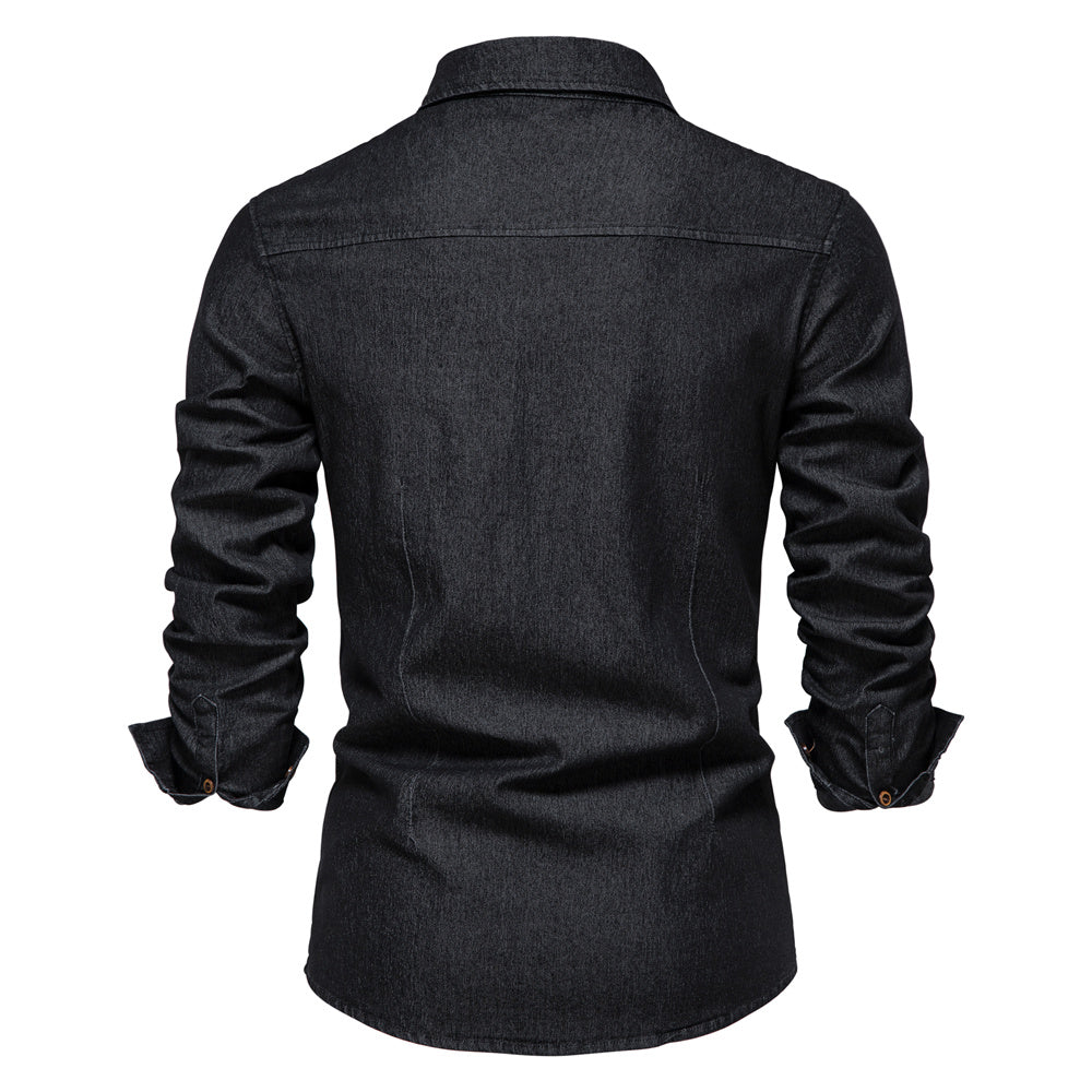 Martin | Elastisch katoenen denim overhemd in de kleur Zwart voor heren in Heritage stijl geschikt voor alle seizoenen.