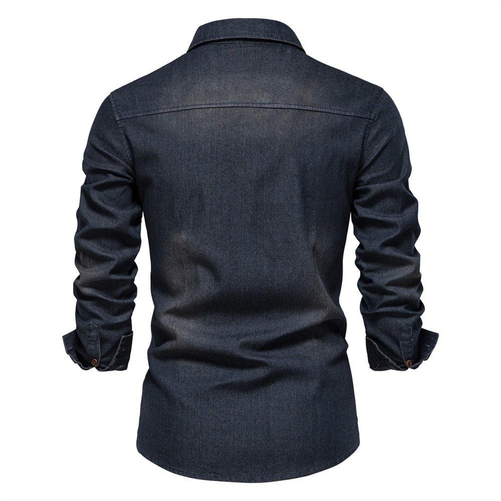 Martin | Elastisch katoenen denim overhemd in de kleur Zwart voor heren in Heritage stijl geschikt voor alle seizoenen.