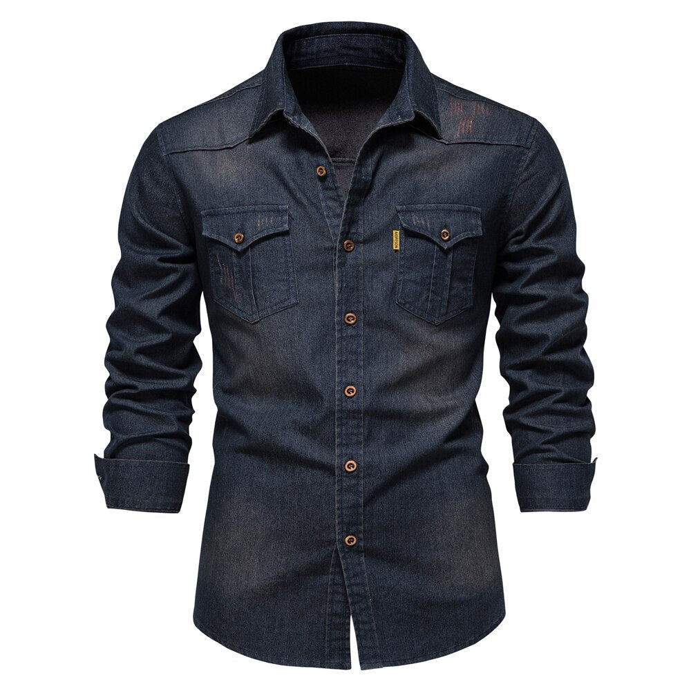 Martin | Elastisch katoenen denim overhemd in de kleur Marineblauw voor heren in Heritage stijl geschikt voor alle seizoenen.