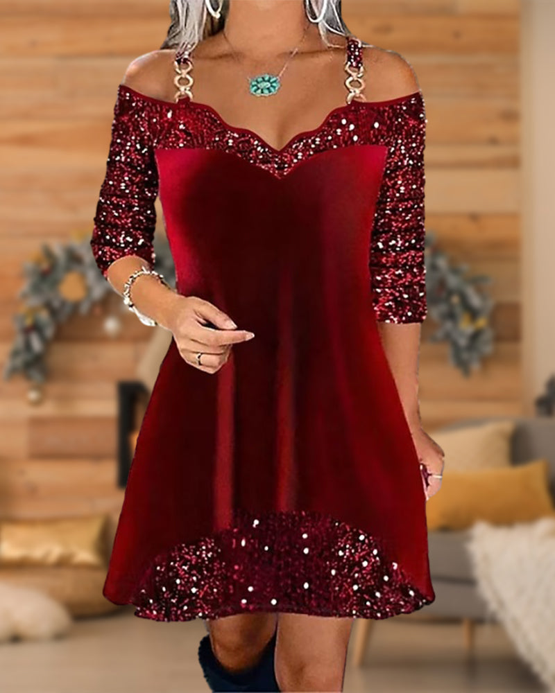 Off-shoulder jurkje met pailletten in de kleur Bordeaux voor dames in Party stijl ideaal voor de herfst.