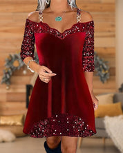 Off-shoulder jurkje met pailletten in de kleur Bordeaux voor dames in Party stijl ideaal voor de herfst.