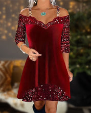 Off-shoulder jurkje met pailletten in de kleur Bordeaux voor dames in Party stijl ideaal voor de herfst.