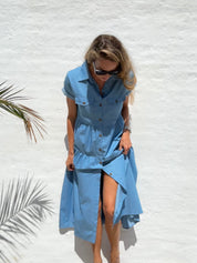 Skye | Lange jurk van denim in de kleur Blauw voor dames in Heritage stijl ideaal voor de lente.