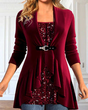 Top met patchwork en ruches in de kleur Rood voor in stijl ideaal voor de herfst.