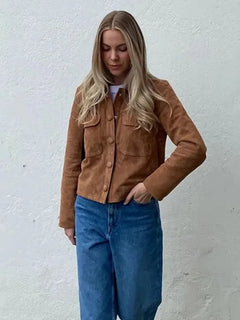 Suede jas met mandarin kraag