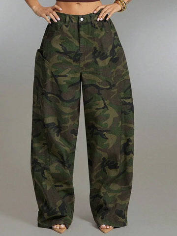 Wide leg camouflage broek