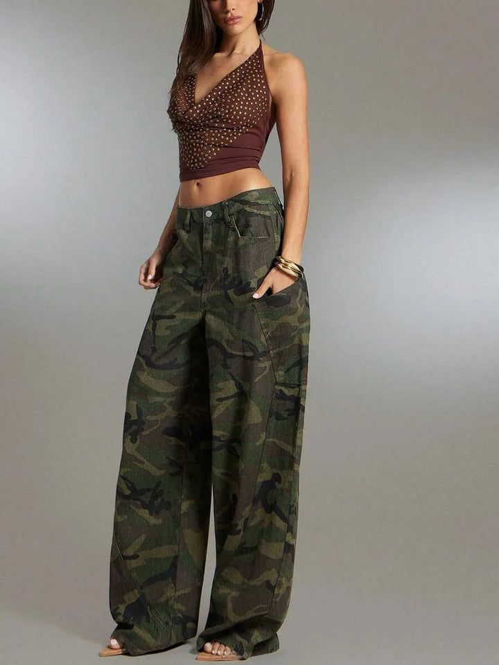 Wide leg camouflage broek