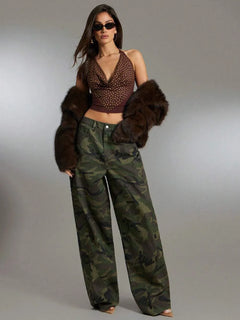Wide leg camouflage broek