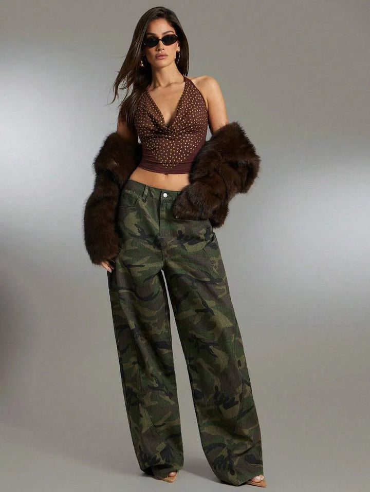 Wide leg camouflage broek