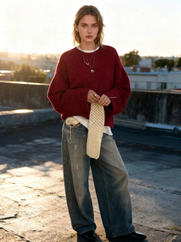 Oversized sweater met crew neckline