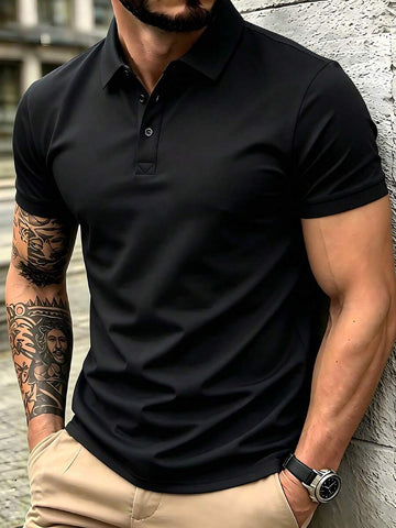 Men's Summer Lightweight Fabric Polo Shirt | Slim Fit Short Sleeve Solid Color Collared Top, Suitable For Daily, Commute, Office, Light Sports And Beach Wear, Smart Casual