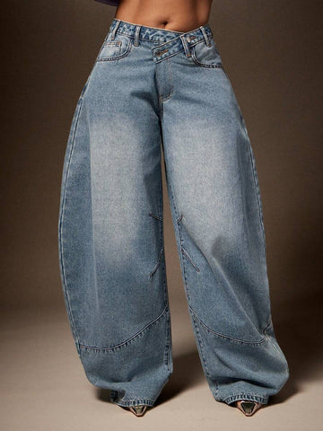 Wijde denim broek met asymmetrische taille
