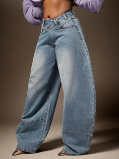 Wijde denim broek met asymmetrische taille