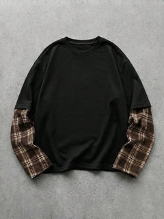 T-shirt met plaid patchwork mouwen