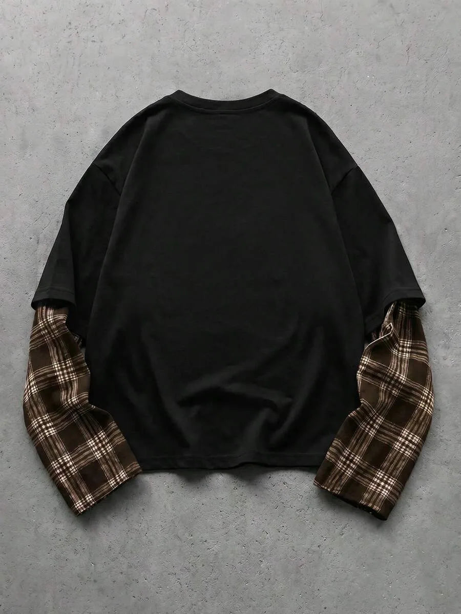 T-shirt met plaid patchwork mouwen