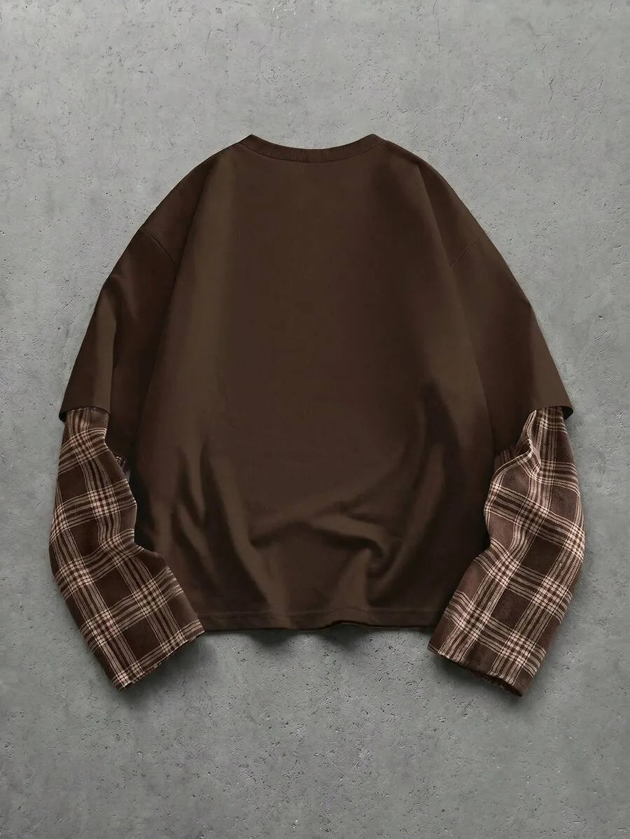 T-shirt met plaid patchwork mouwen