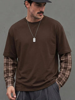 T-shirt met plaid patchwork mouwen