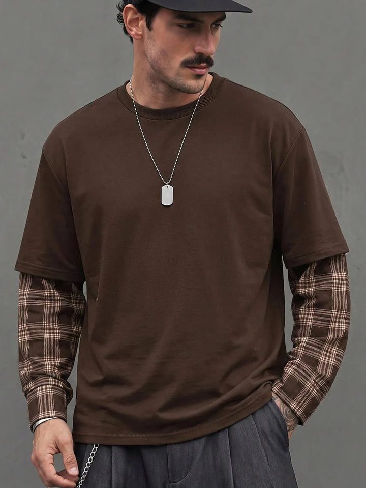 T-shirt met plaid patchwork mouwen