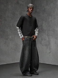T-shirt met plaid patchwork mouwen