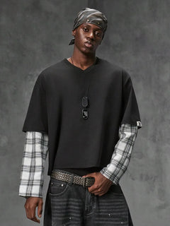 T-shirt met plaid patchwork mouwen