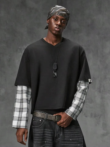 T-shirt met plaid patchwork mouwen