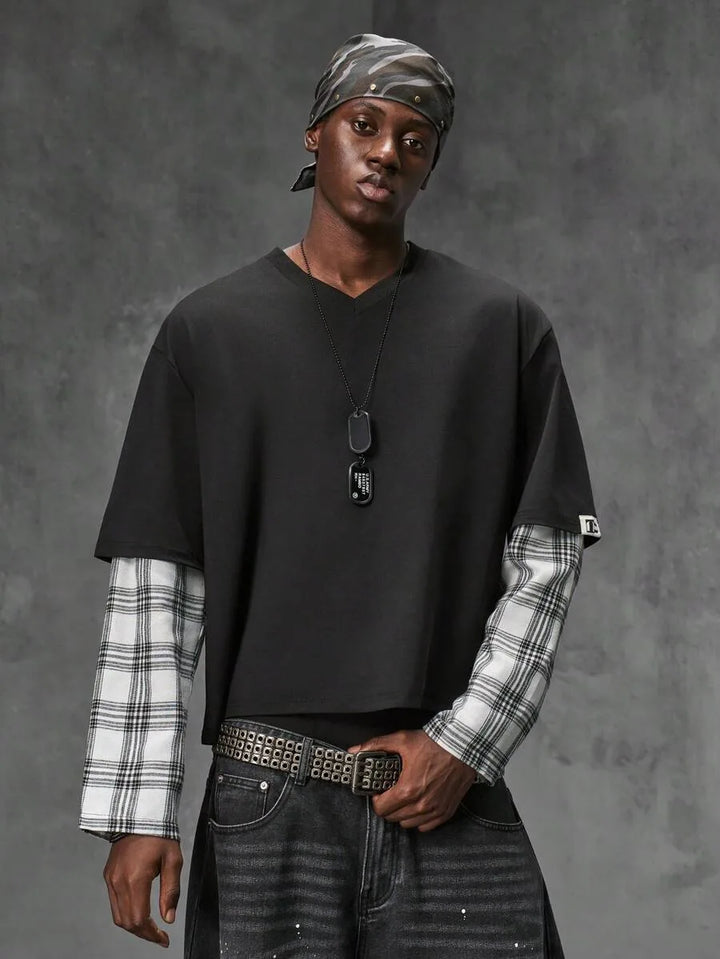 T-shirt met plaid patchwork mouwen