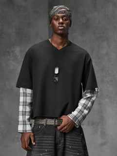 T-shirt met plaid patchwork mouwen