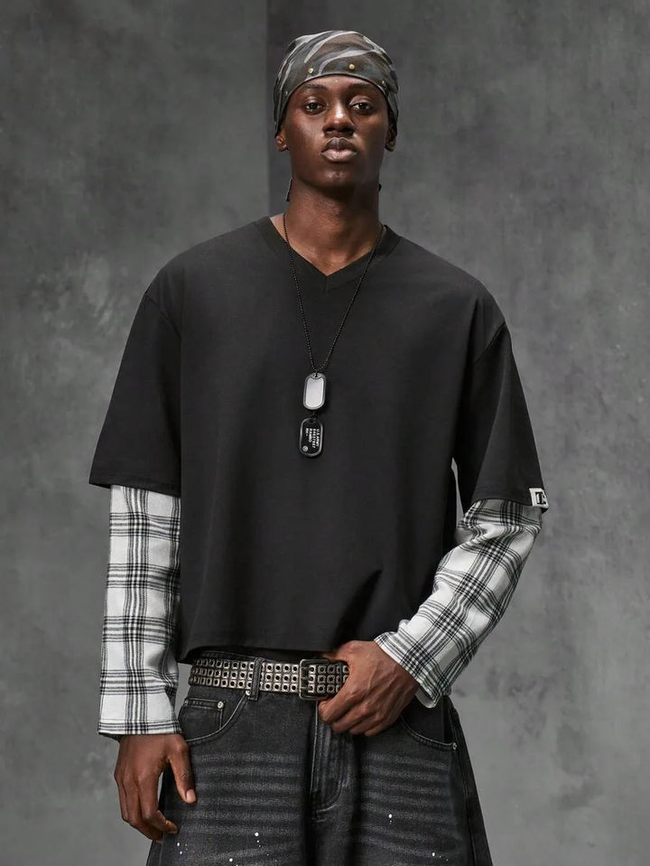 T-shirt met plaid patchwork mouwen