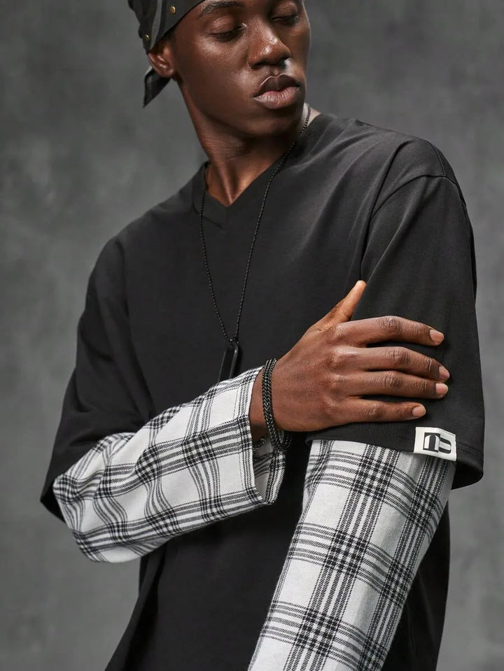 T-shirt met plaid patchwork mouwen