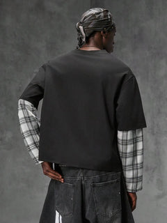 T-shirt met plaid patchwork mouwen