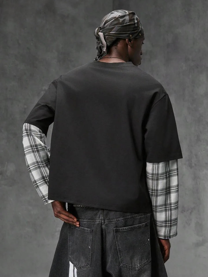 T-shirt met plaid patchwork mouwen