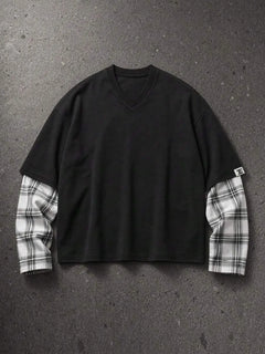 T-shirt met plaid patchwork mouwen
