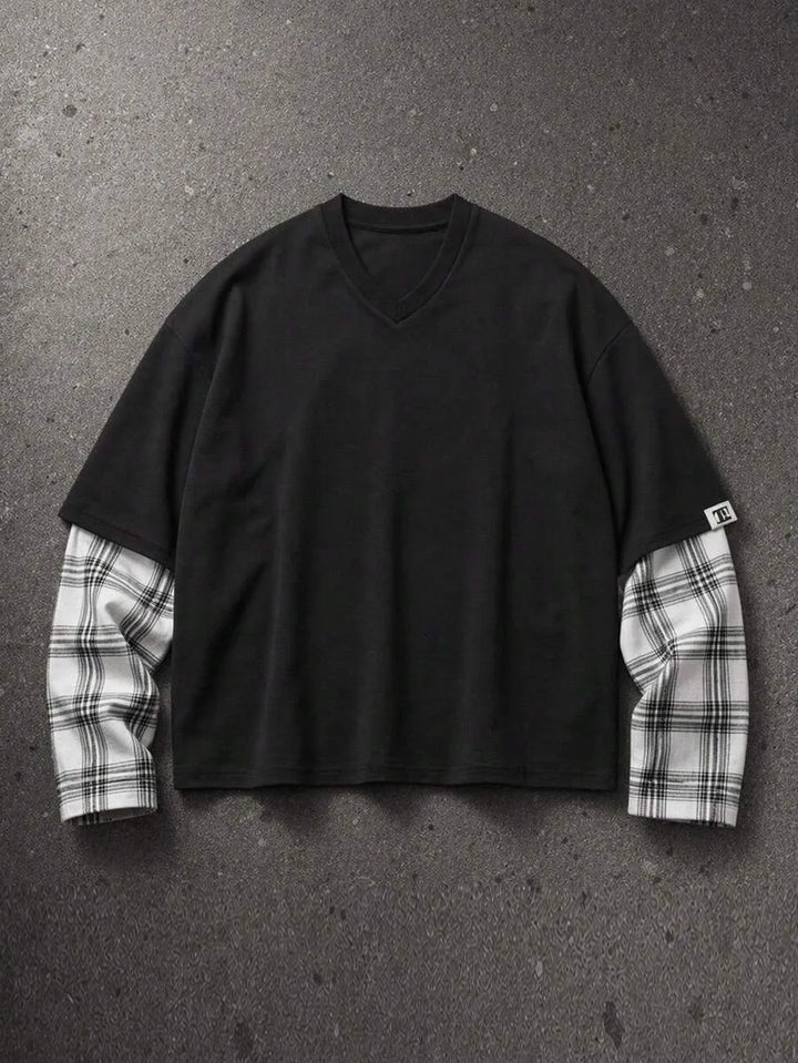T-shirt met plaid patchwork mouwen