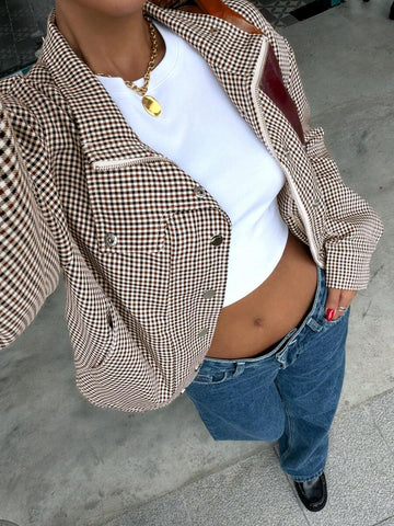 Muchica Brown Plaid Woven Women's Zipper Front Jacket