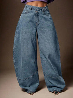 Wijde denim broek met asymmetrische taille