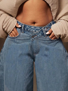 Wijde denim broek met asymmetrische taille