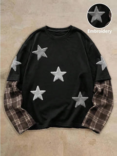 T-shirt met plaid patchwork mouwen