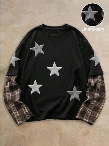 T-shirt met plaid patchwork mouwen