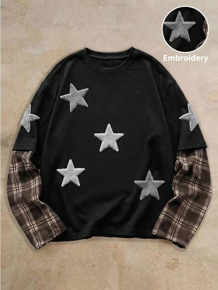T-shirt met plaid patchwork mouwen