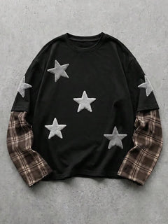 T-shirt met plaid patchwork mouwen