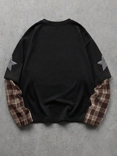 T-shirt met plaid patchwork mouwen