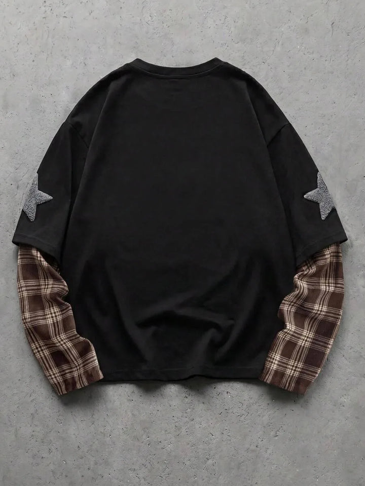 T-shirt met plaid patchwork mouwen