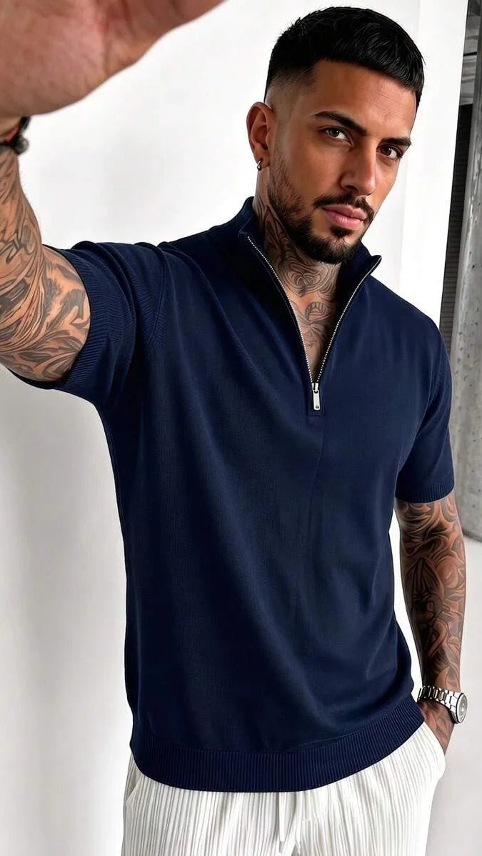 Knit polo shirt met half-zip