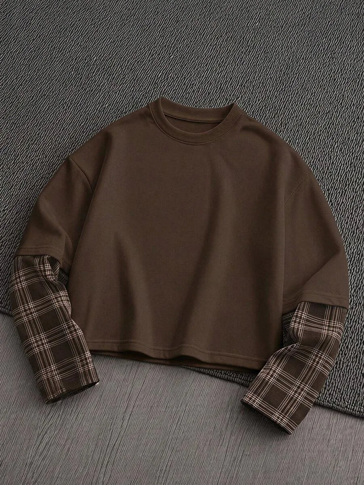 T-shirt met plaid patchwork mouwen