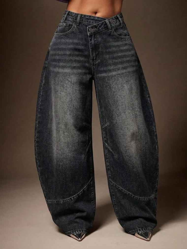 Wijde denim broek met asymmetrische taille