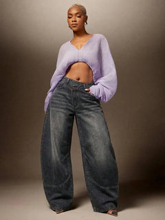 Wijde denim broek met asymmetrische taille