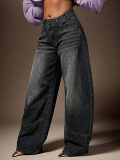 Wijde denim broek met asymmetrische taille