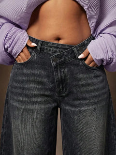 Wijde denim broek met asymmetrische taille
